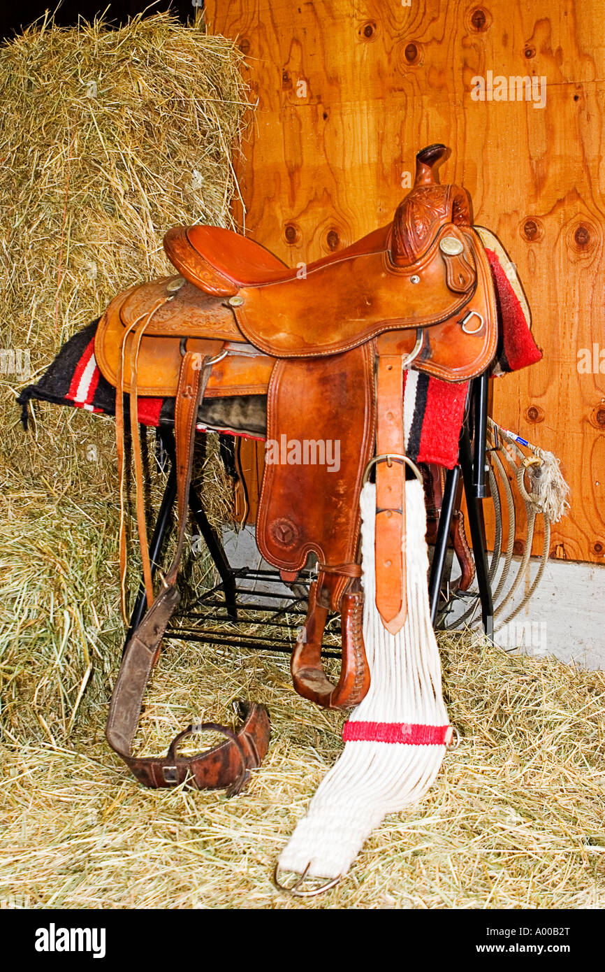 Image of a western saddle and girths against a wooden wall and hay