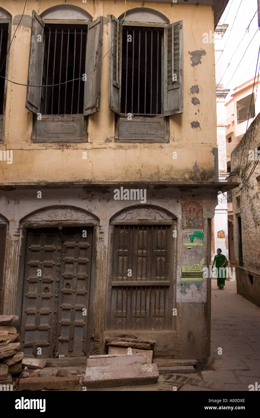 Narrow street in old city center Varanasi Uttar Pradesh India Stock Photo