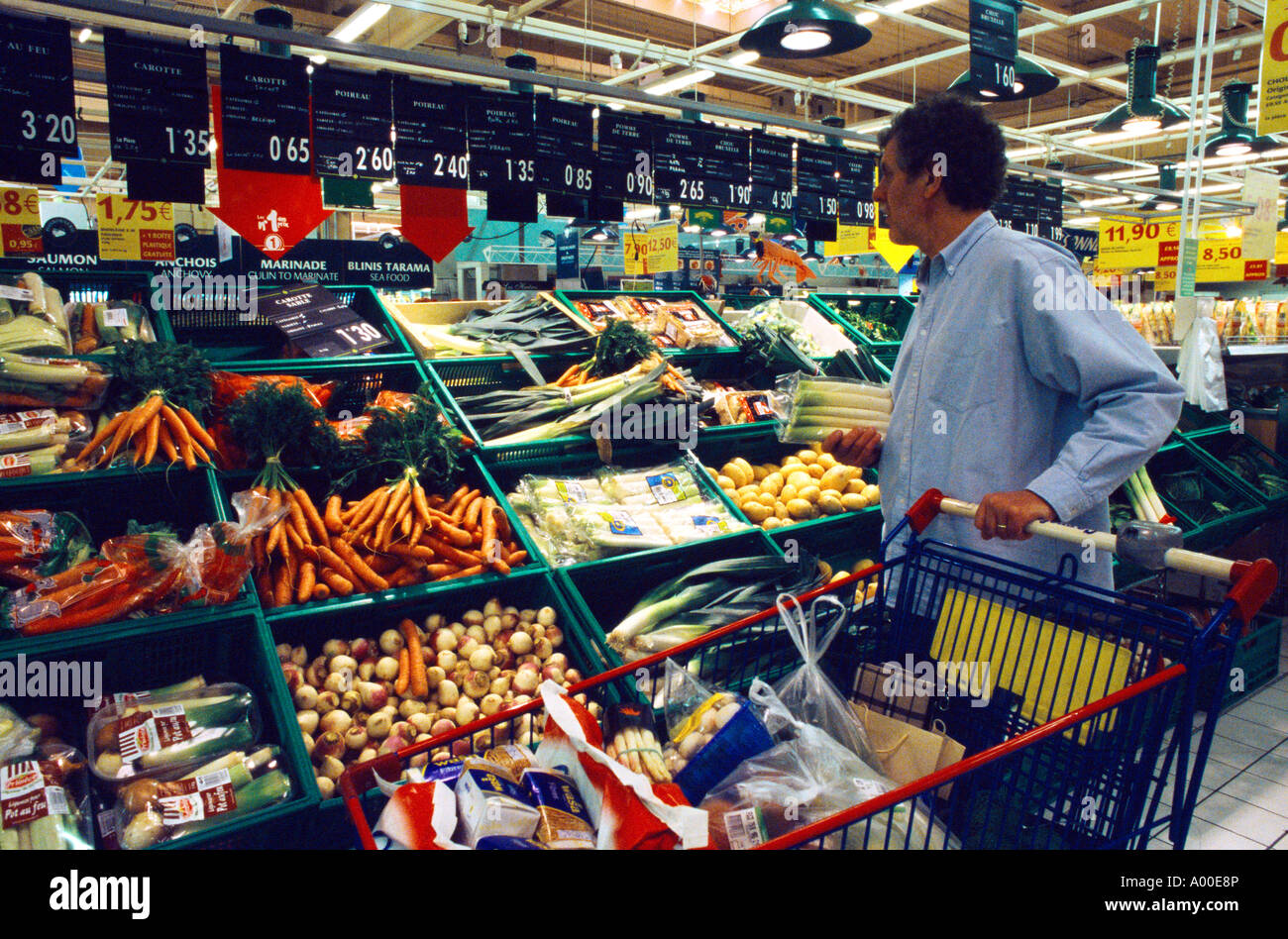 Carrefour Calais France Man Pushing Overloaded Trolley Stock Photo Alamy