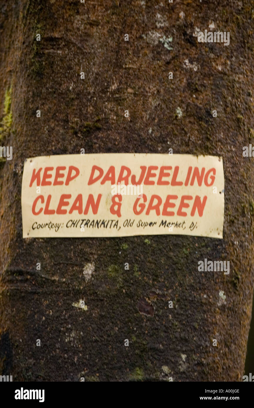 Keep Darjeeling Clean and Green sign on tree West Bengal India Stock Photo