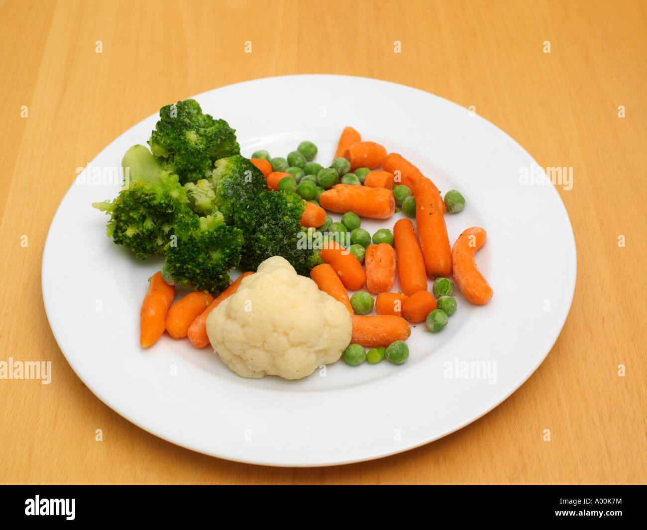 Vegetables on a Plate Cauliflower Carrots Peas and Broccoli Stock Photo