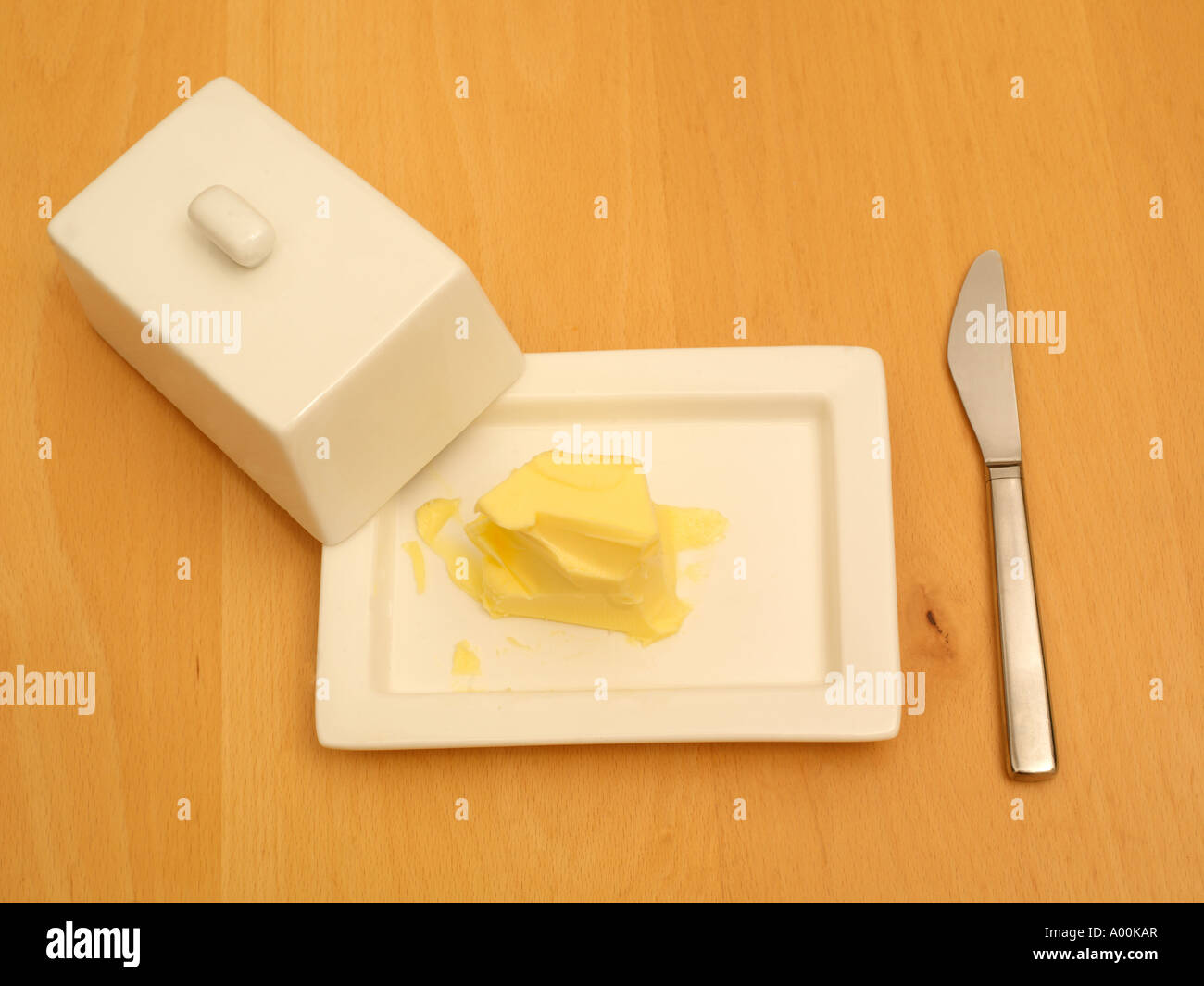 Butter in a Butter Dish and Knife Stock Photo