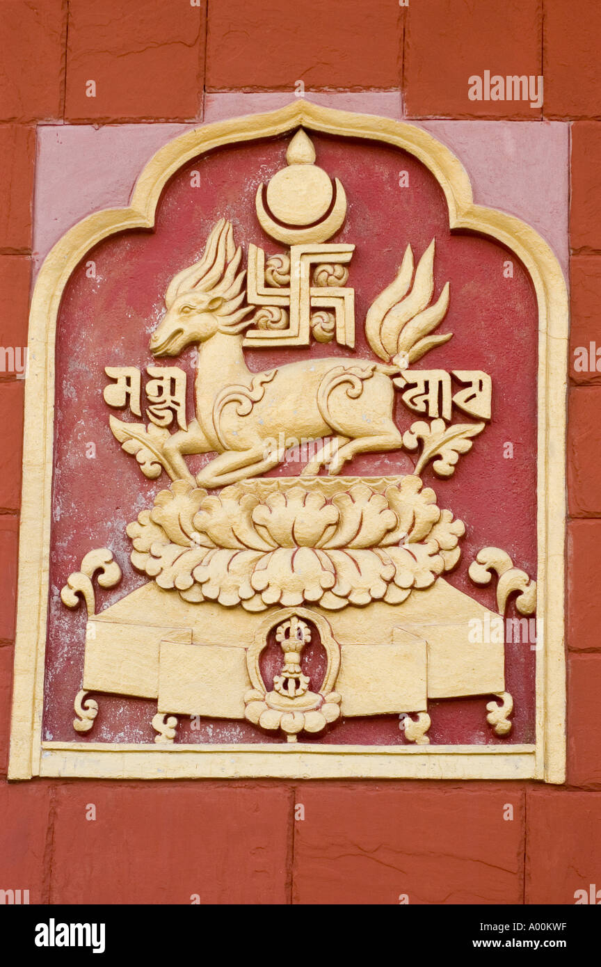 Deer with swastika at Nyingma Tibetan Buddhist monastery in Bodhgaya