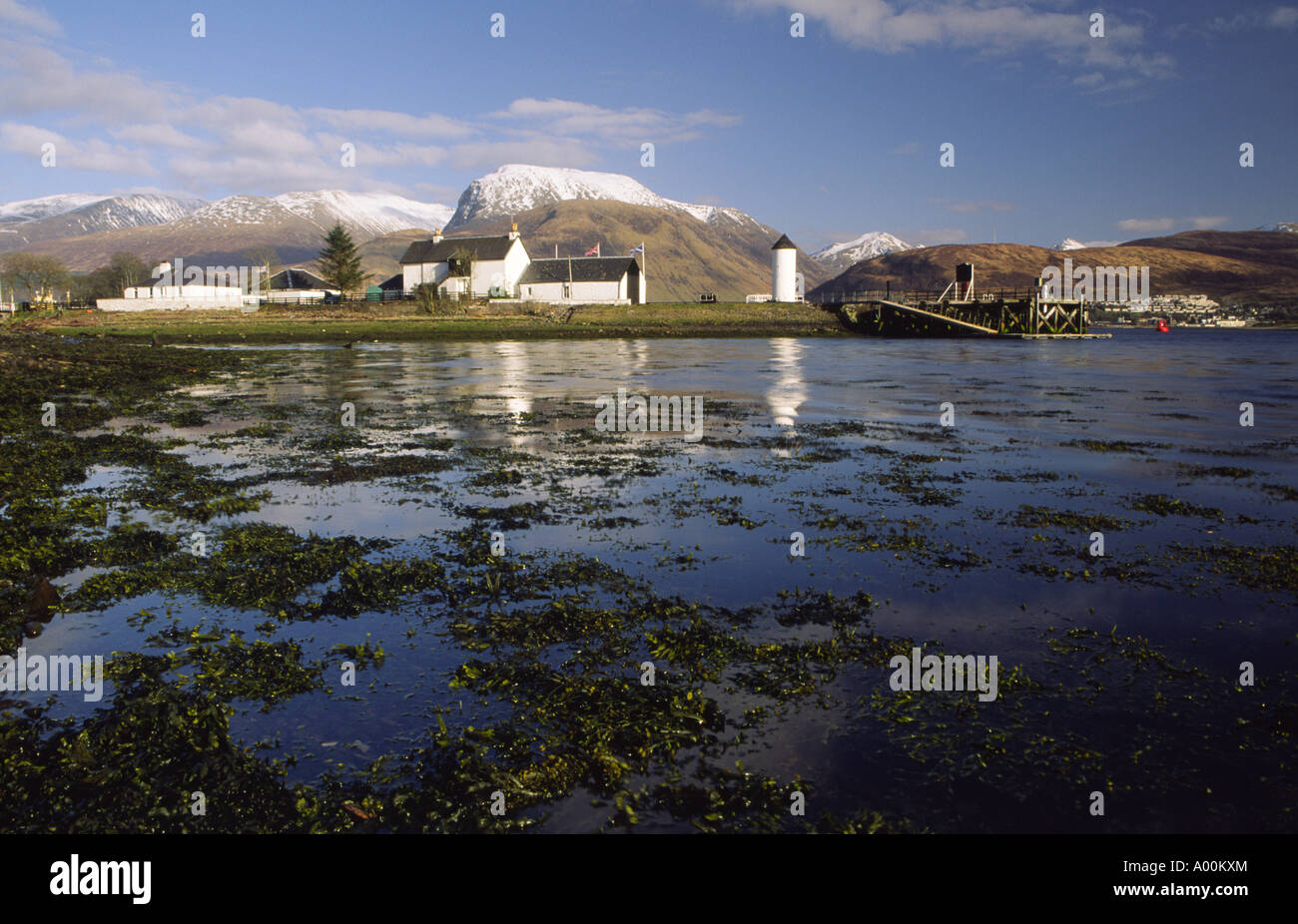Corpach on Loch Eil with a snow covered Ben Nevis above Fort William Scotland UK Stock Photo