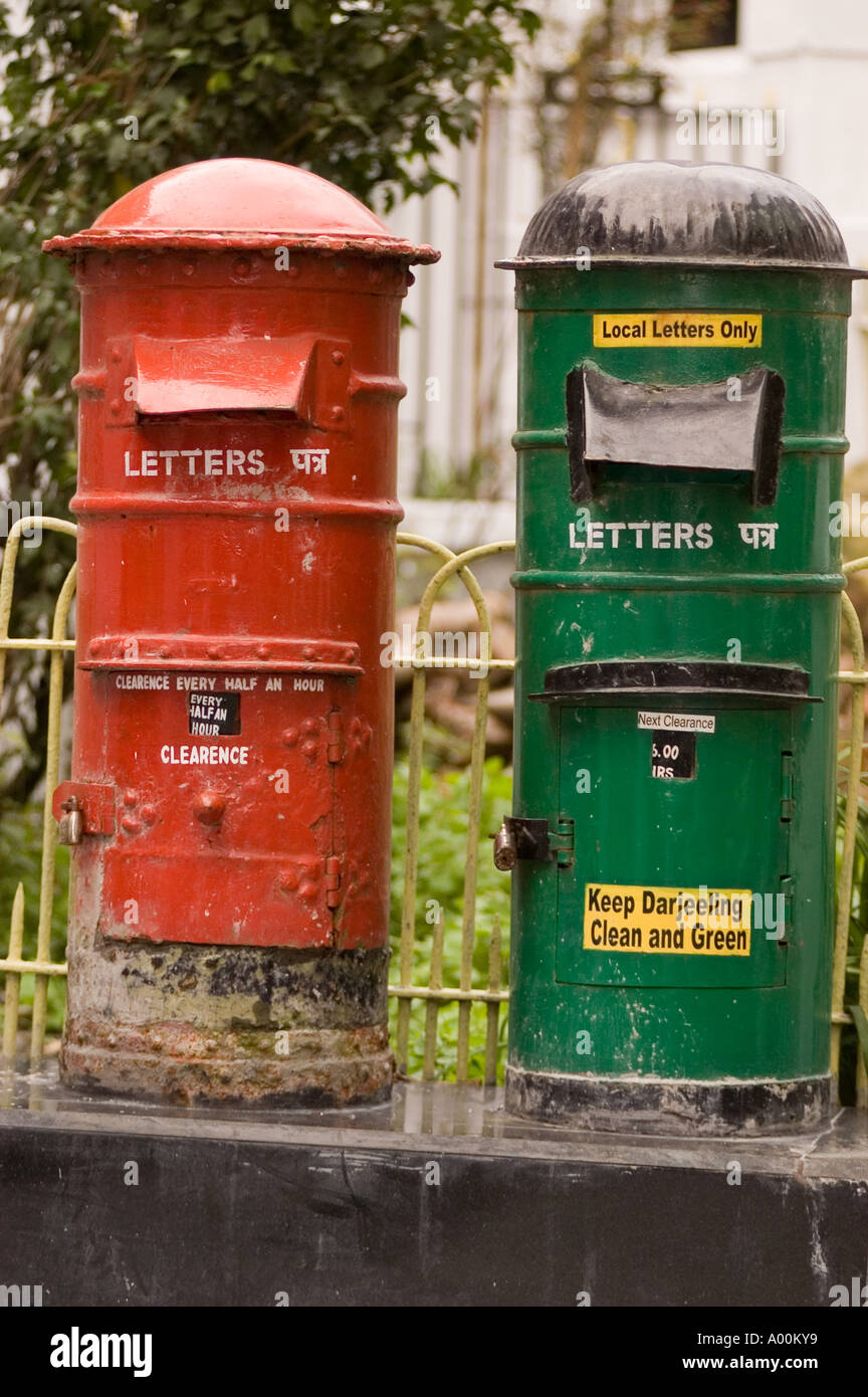Two red and green Indian Post letter boxes in Darjeeling West Bengal