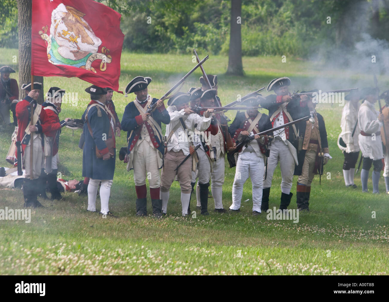 Continental Soldiers fire at the reenactment of the Battle of Monmouth US Revolutionary War Stock Photo
