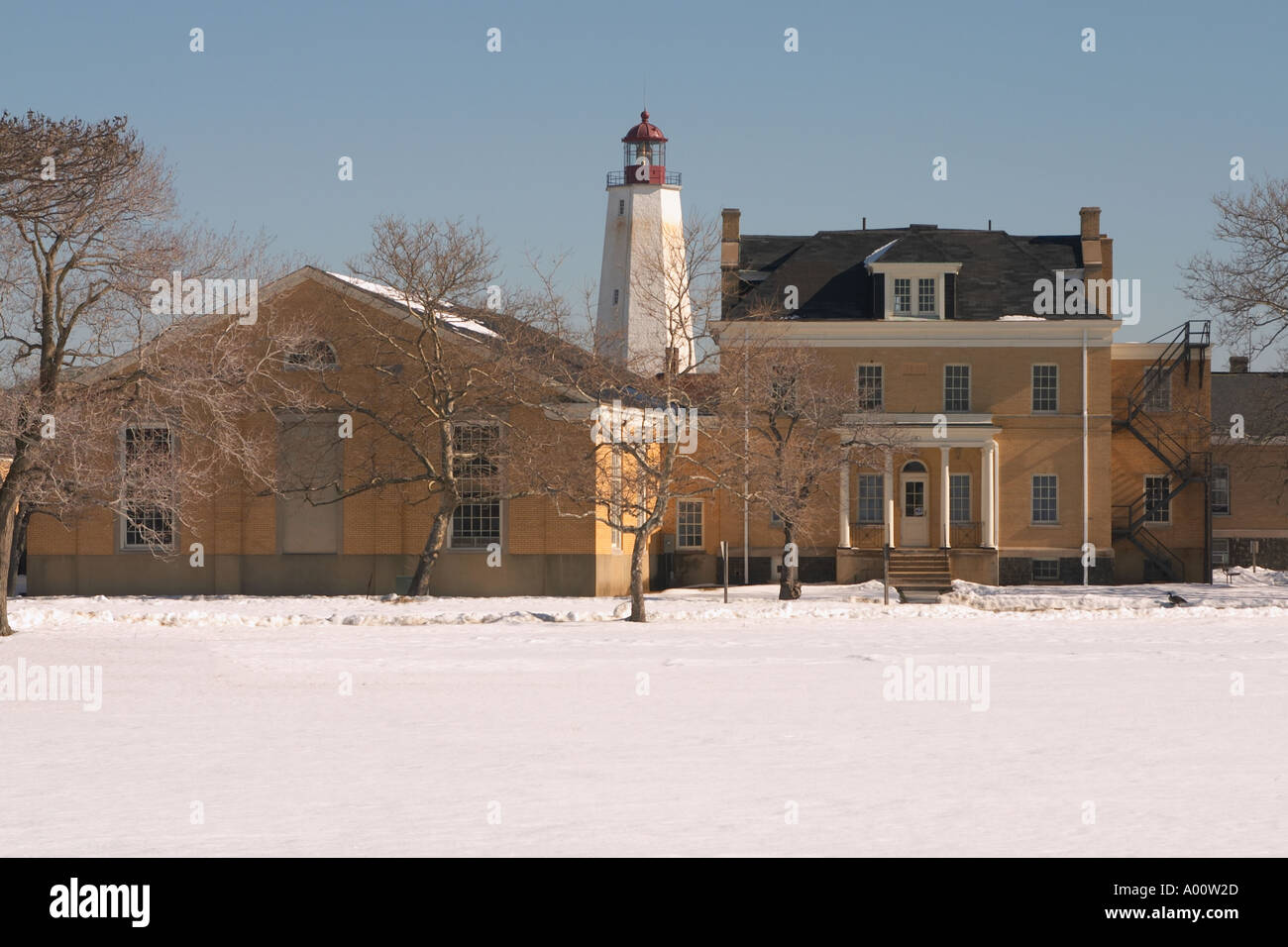 Sandy Hook Lighthouse and old military housing of Fort Hancock in NJ