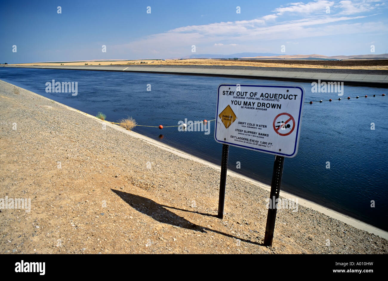 Stay out of aqueduct danger you may drown sign on California Aqueduct near Los Banos California USA Stock Photo