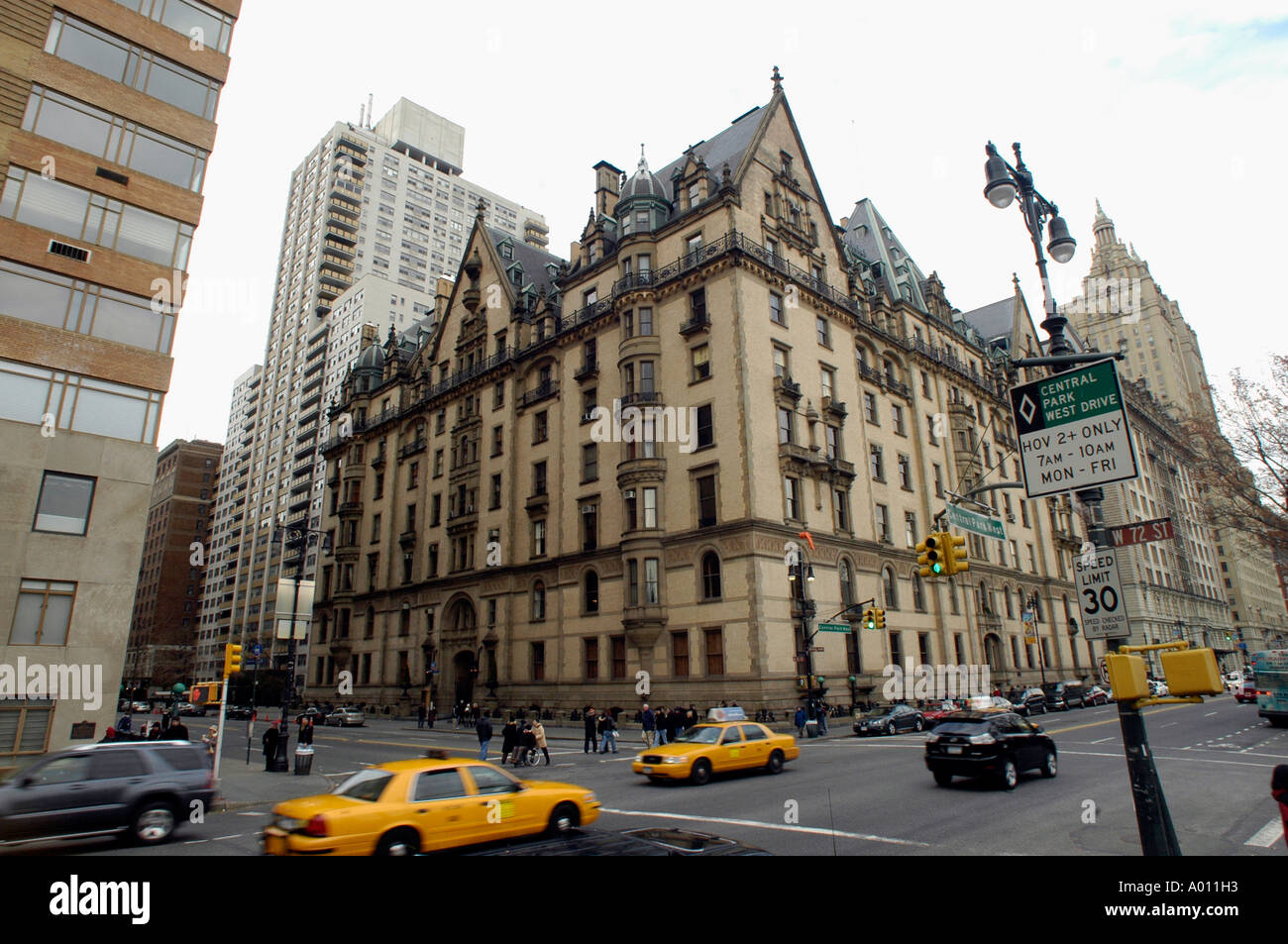 The Dakota Apartments across from the Imagine memorial to John Lennon in Strawberry Fields in Central Park in NYC Stock Photo