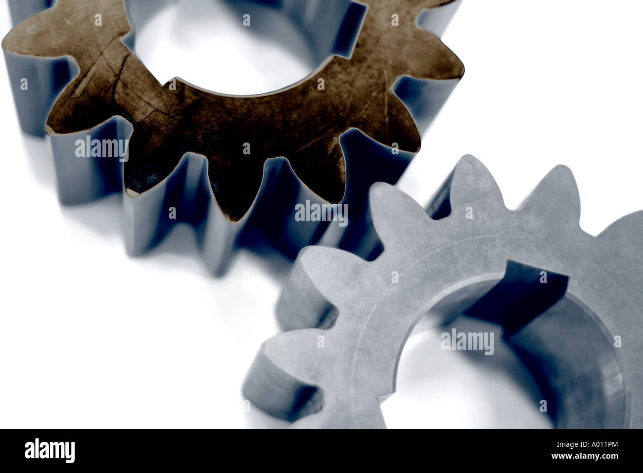 One new and one rusty gear wheel Stock Photo