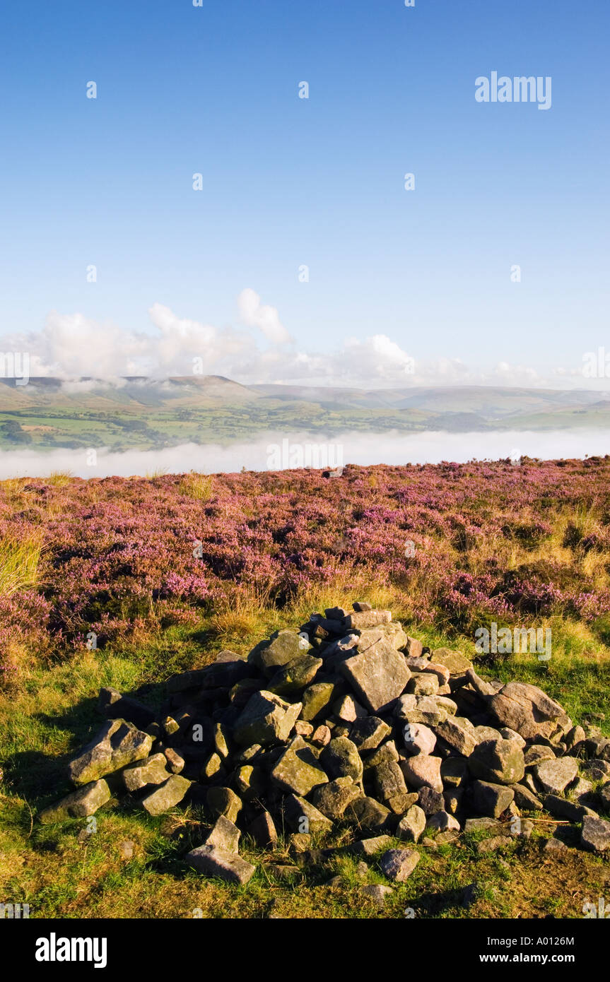 Cairn on Jeffrey Hill on Longridge Fell Lancashire looking over the Loud valley towards the Bowland Fells Stock Photo
