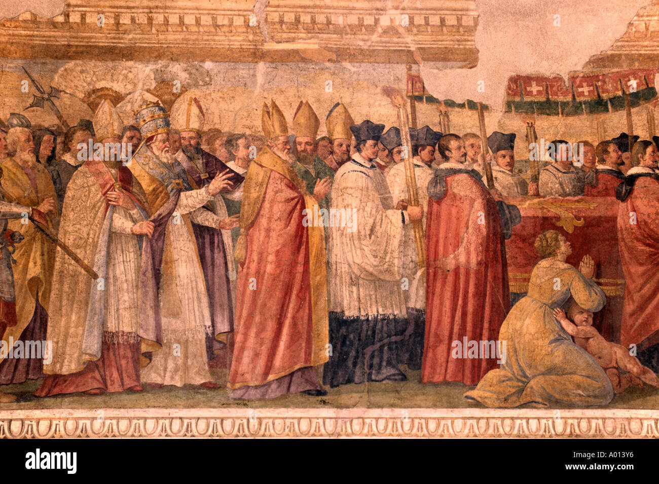 Painting of Procession of Pope Lucio the Third 1183 AD in the Medieval CHURCH OF SANTA MARIA MAGGIORE TUSCANIA TUSCANY ITALY Stock Photo