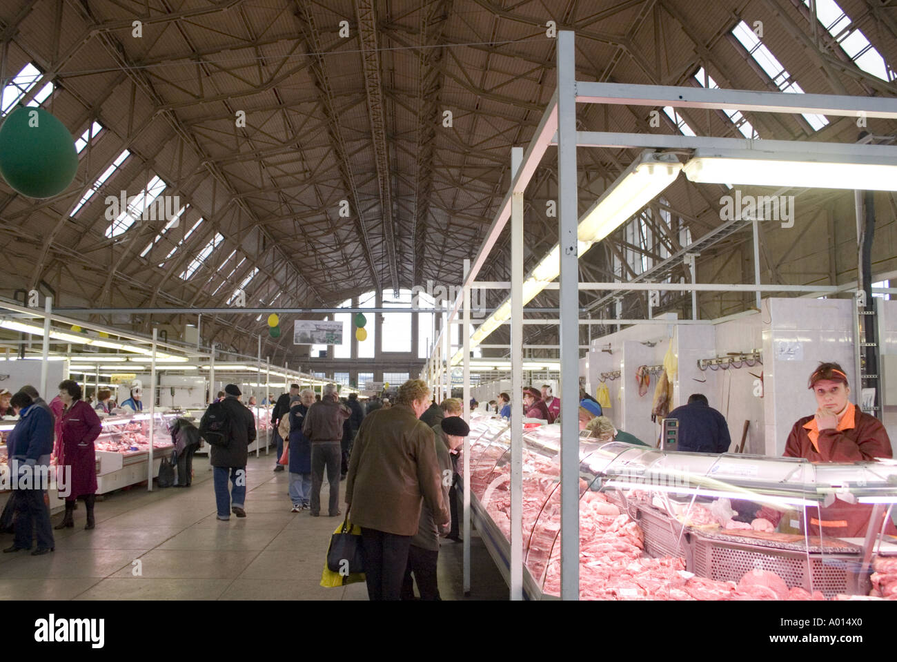 Butchers meat stall central market Centraltirgus Riga Latvia Stock