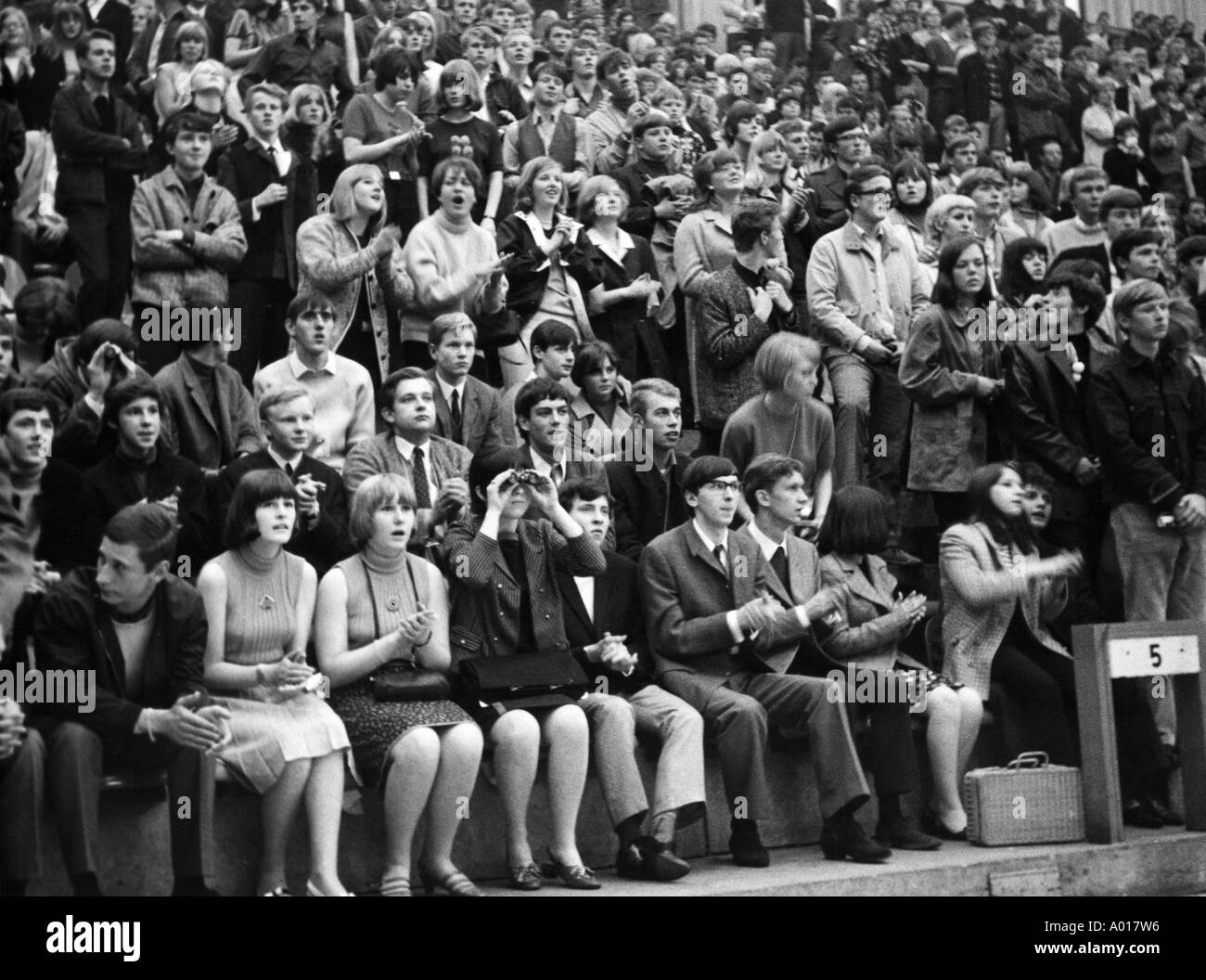 The Beatles, concert in Essen, Ruhr area, Gruga Hall, 1966, 1960s, the sixties, England, London, Great Britain, British pop band, music, musician, group, pop music, singers, youths in the Gruga Hall, crowd of spectators, young people, girls, boys, teens, Stock Photo