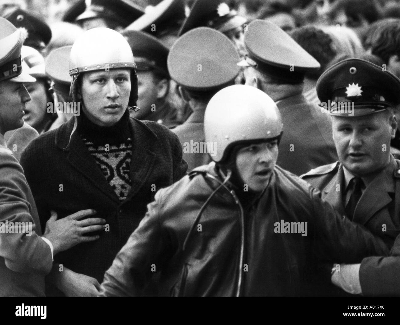 The Beatles, concert in Essen, Ruhr area, Gruga Hall, 1966, 1960s, the sixties, England, London, Great Britain, British pop band, music, musician, group, pop music, singers, youths waiting for entrance, young people, boys, leather jacket, motorbike helmet Stock Photo
