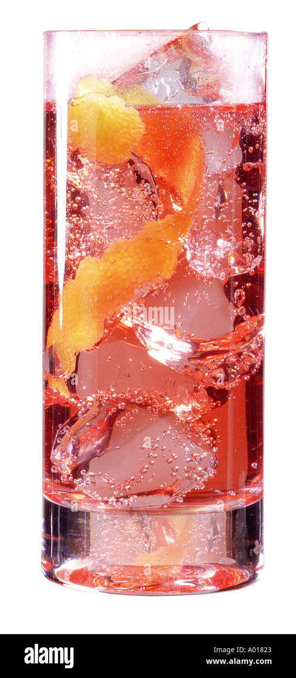 Fizzy red drink with ice and lemon Stock Photo