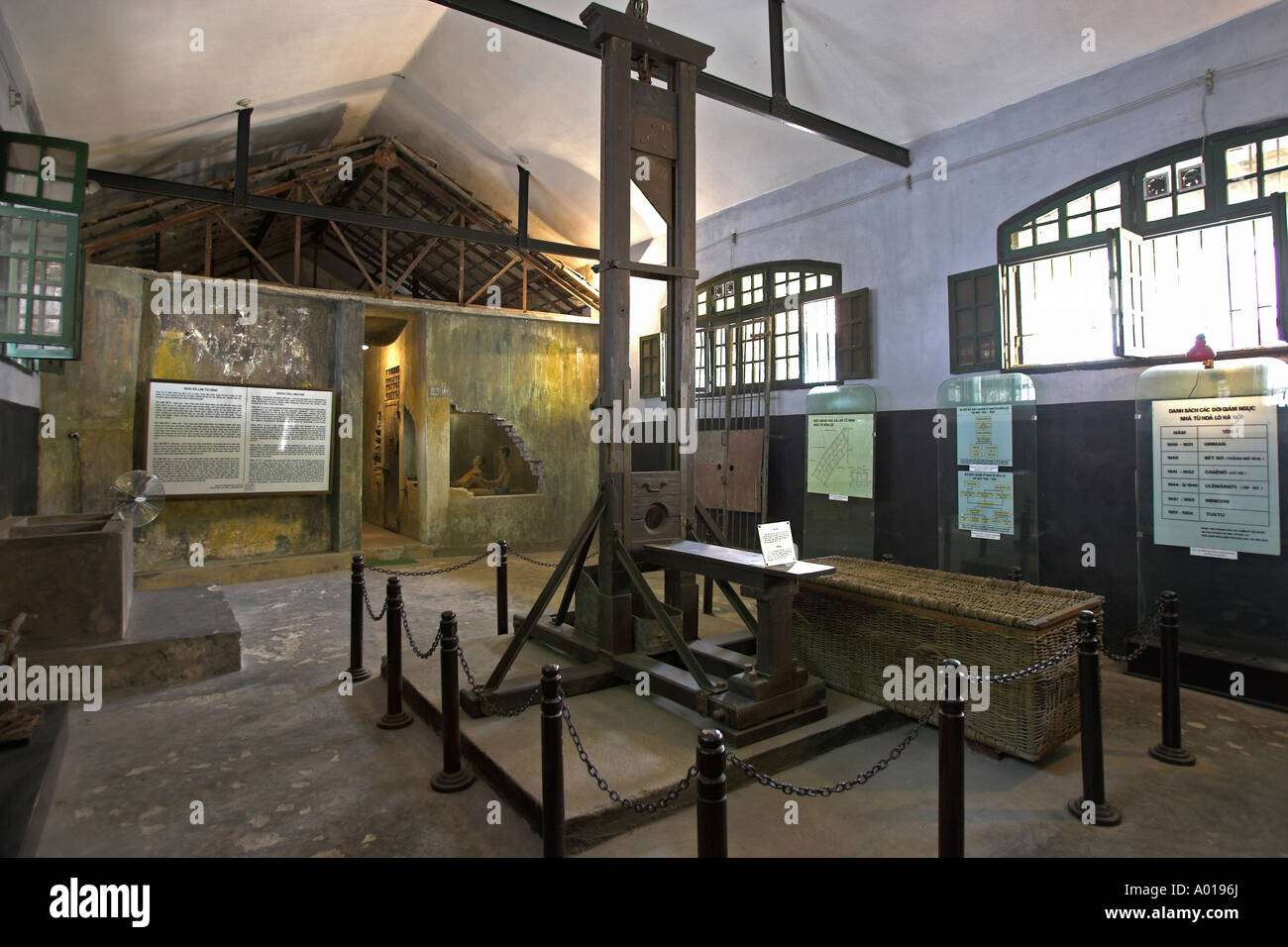 Guillotine and death row cells infamous French and Vietnamese Hoa Lo prison also called the Hanoi Hilton Vietnam Stock Photo