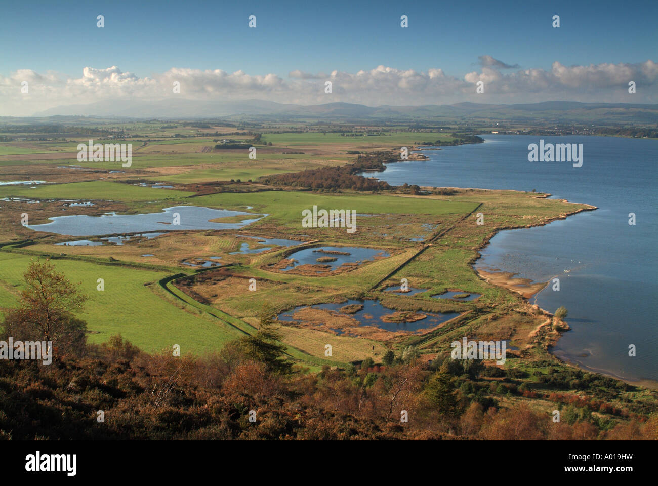 The RSPB Vane Farm Nature Reserve and Loch Leven from the slopes of Benarty Hill, Perth and Kinross, Scotland, UK. Stock Photo