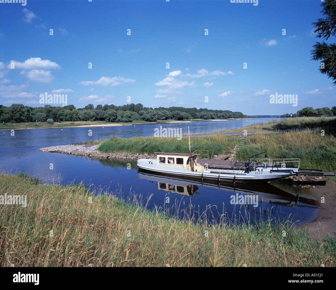 Flusslandschaft und Alte Elbefaehre in Aken (Elbe), Sachsen-Anhalt Stock Photo