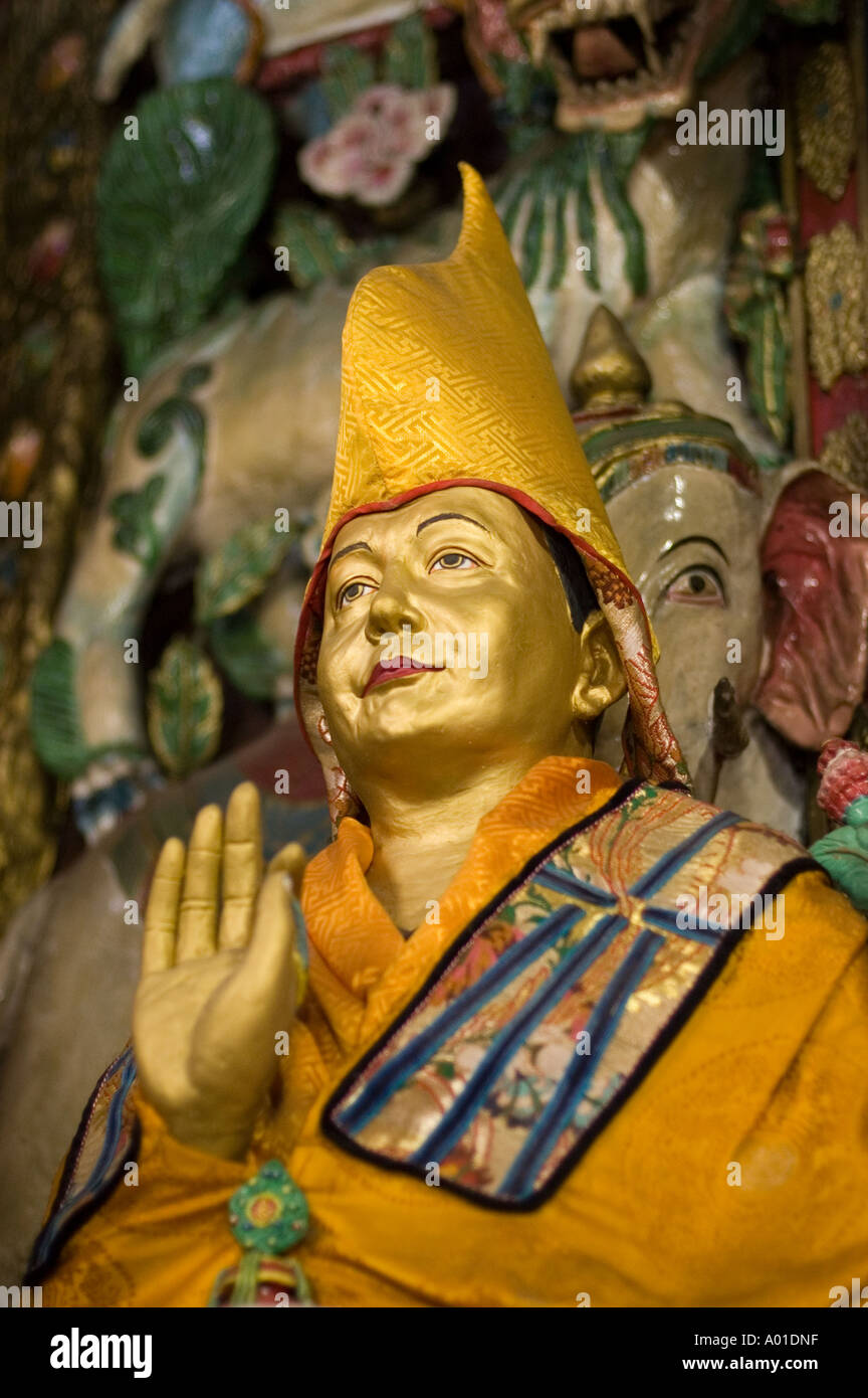 XIV Dalai Lama with yellow hat statue in Samten Choling Buddhist Ghoom Monastery Darjeeling West Bengal India Stock Photo