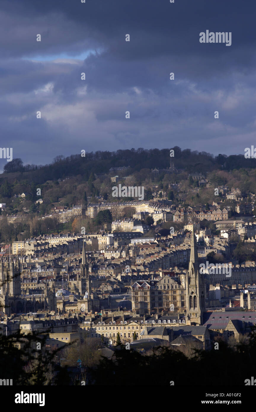 Aerial view of Bath Abbey and Bath city centre seen from hills to South ...