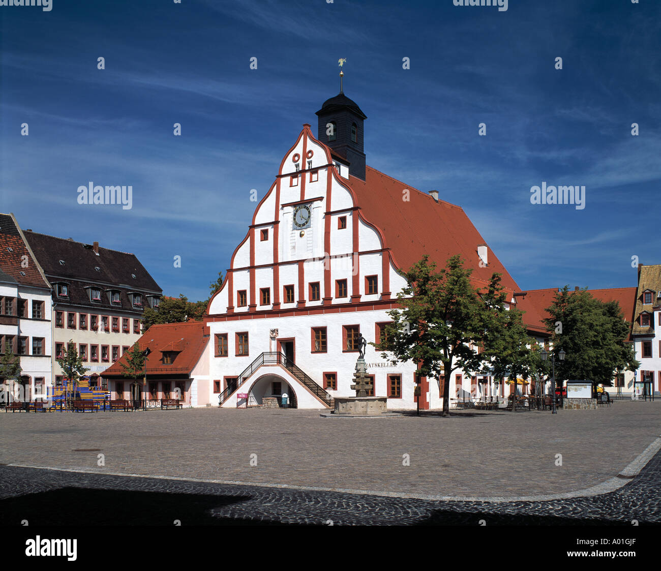 Marktplatz mit Renaissance-Rathaus, Grimma, Mulde, Leipziger Tieflandsbucht, Sachsen Stock Photo