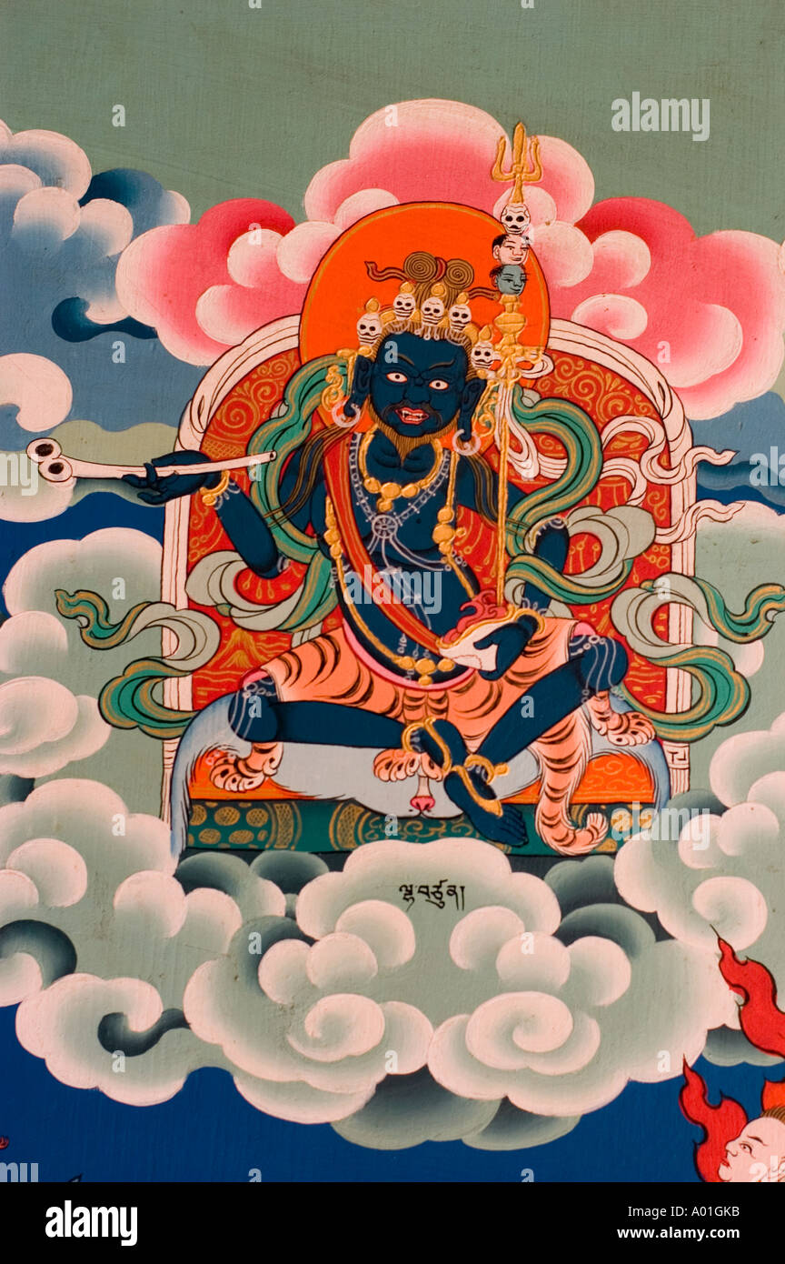 Dark blue female buddhist deity performing chod ritual mural in ...