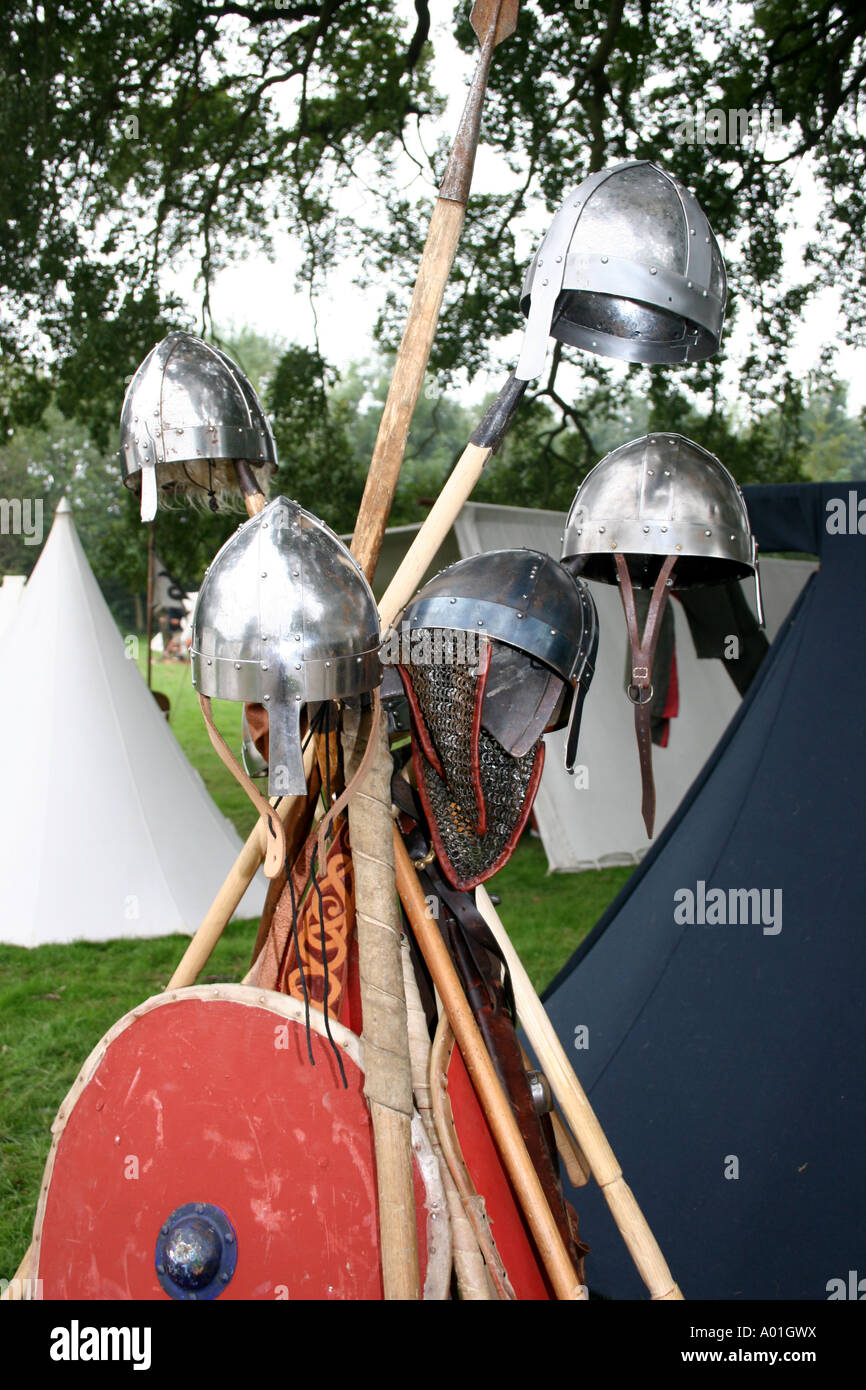 Norman helmets and shields at the reenactment of the battle of Hastings Stock Photo