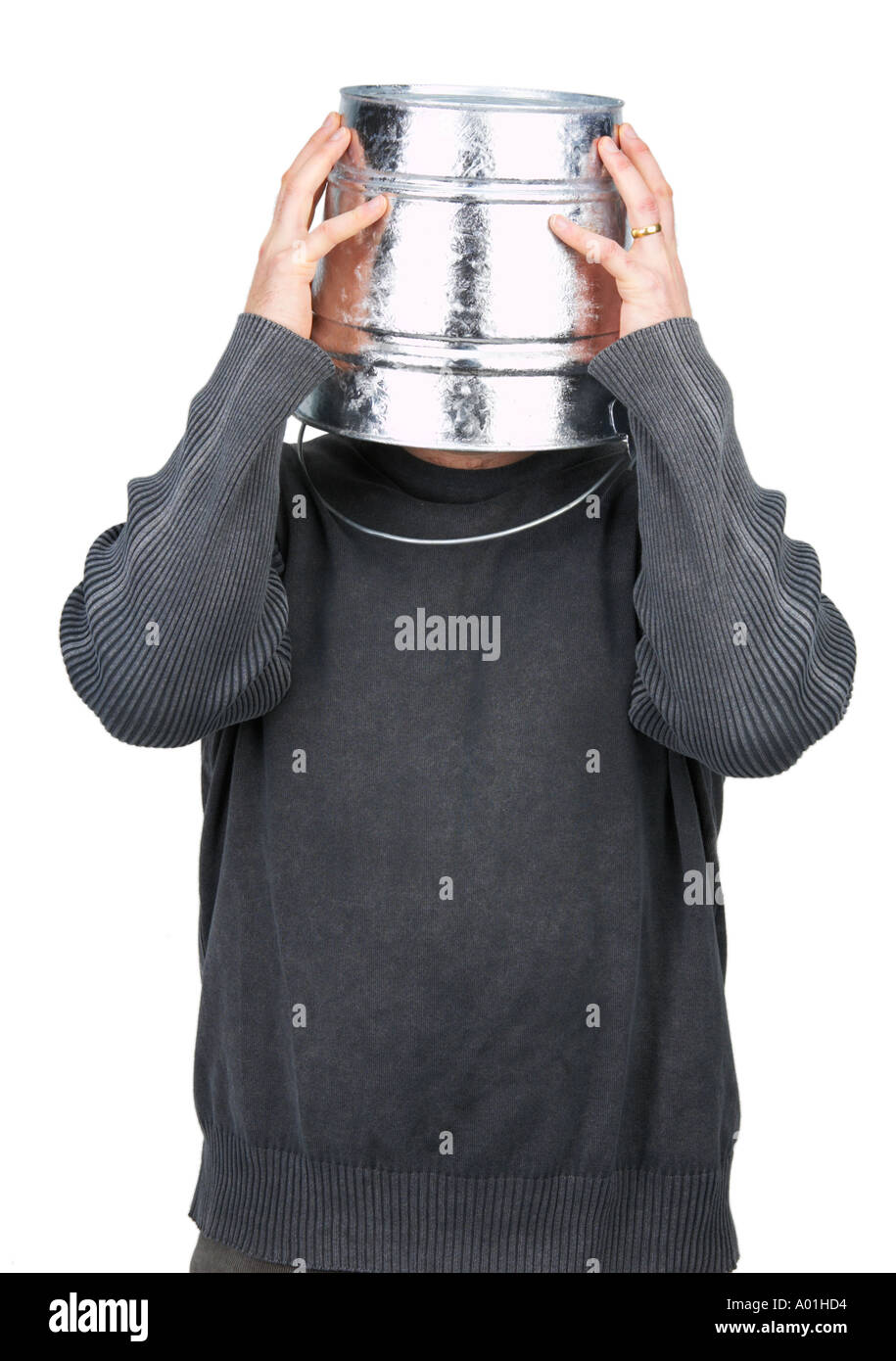 Shy man with bucket on his head Stock Photo Alamy