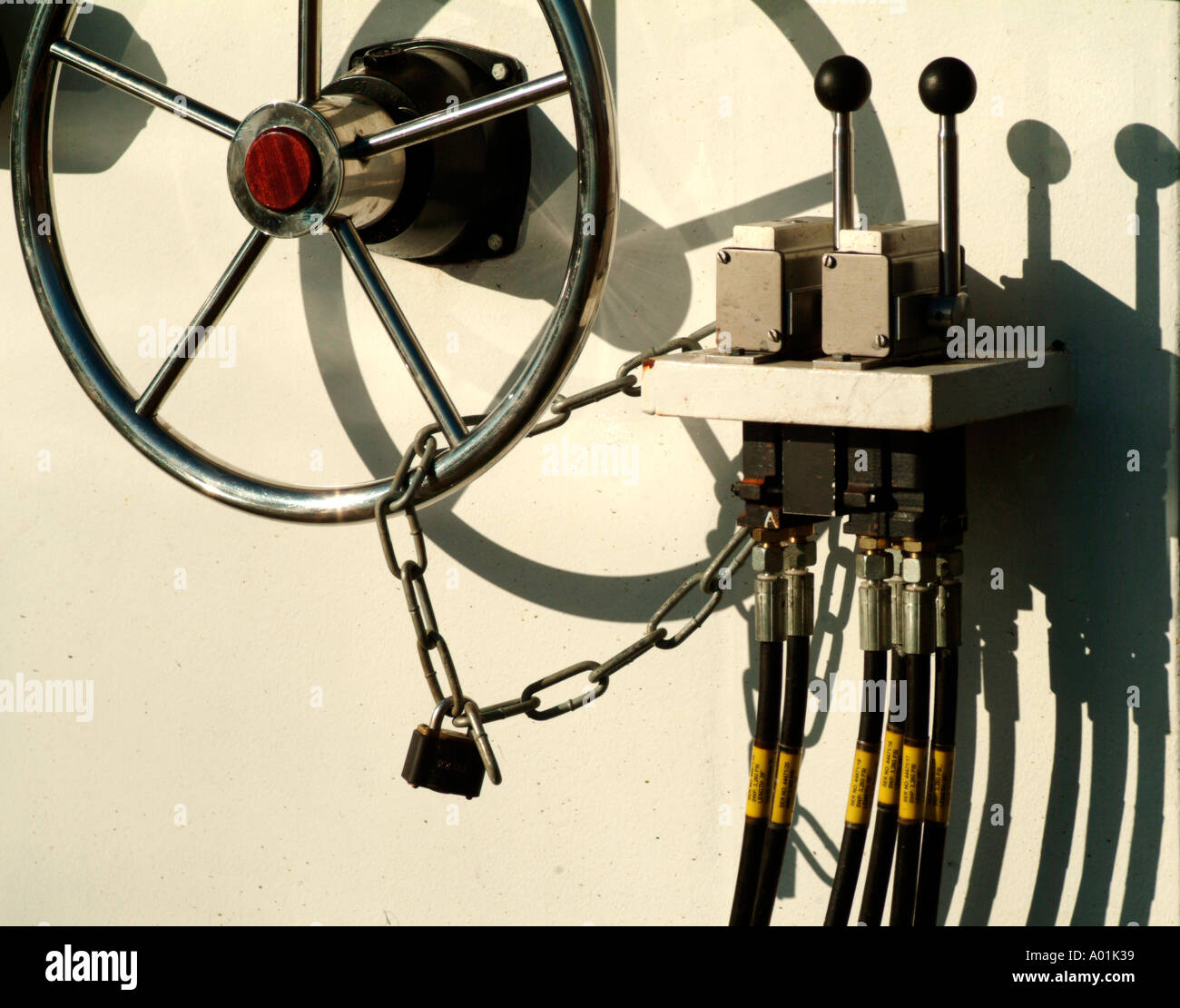 steering wheel on boat Stock Photo Alamy