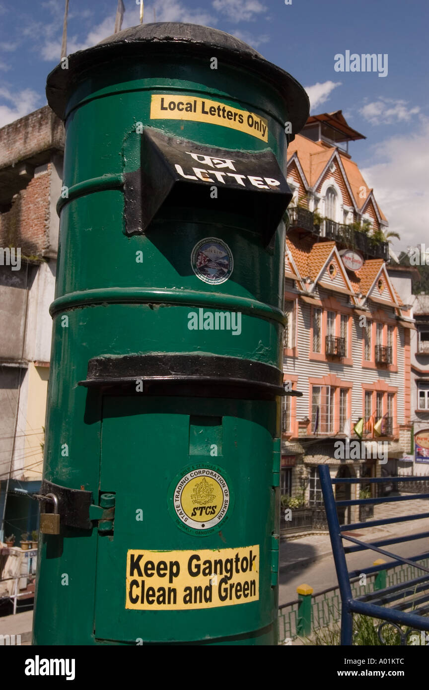 Green letter box for local letters with sign Keep Gangtok Clean and