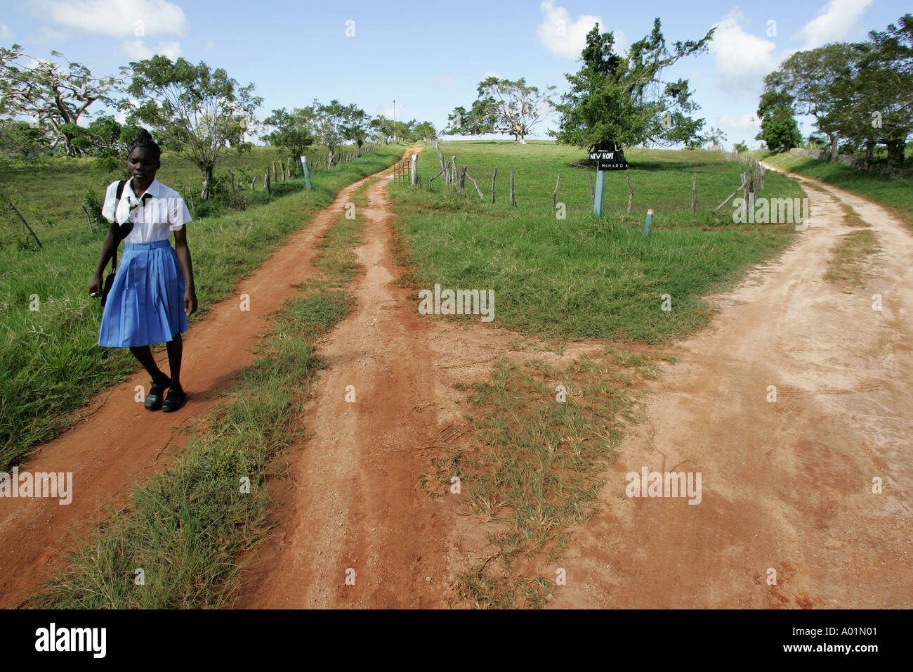 A Jamaican school girl in uniform walks to school on a country lane Stock Photo