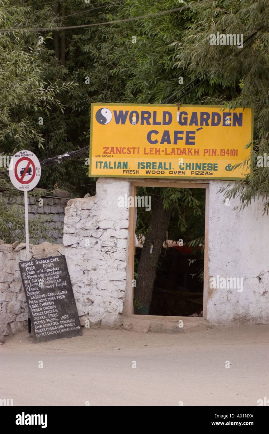 Entrance to World Garden Cafe restaurant where lot of neo hippies spend summer time in India Leh Ladakh Stock Photo