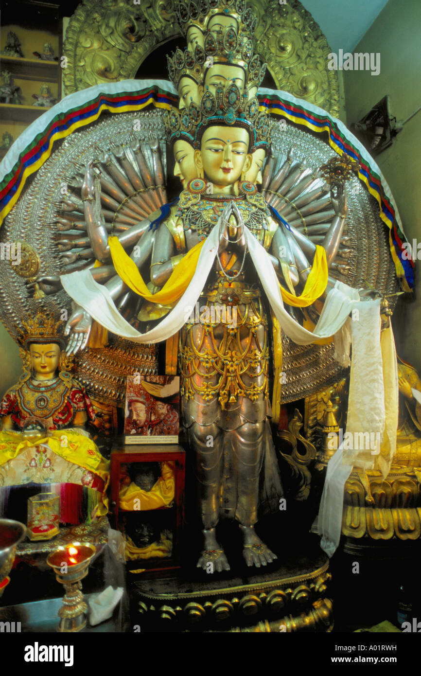 India Himachal Pradesh Dharamsala McLeod Ganj Tsuglagkhang Chapel Avalokitesvara (Chenresig) statue Stock Photo