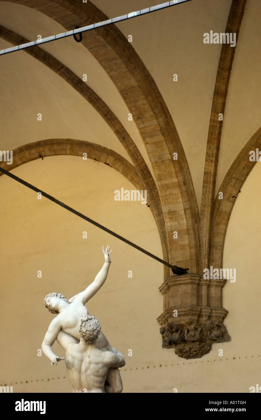 Stature Reaches For Iron Bar, Looking Up, Palazzo Vecchio, Florence, Italy Stock Photo