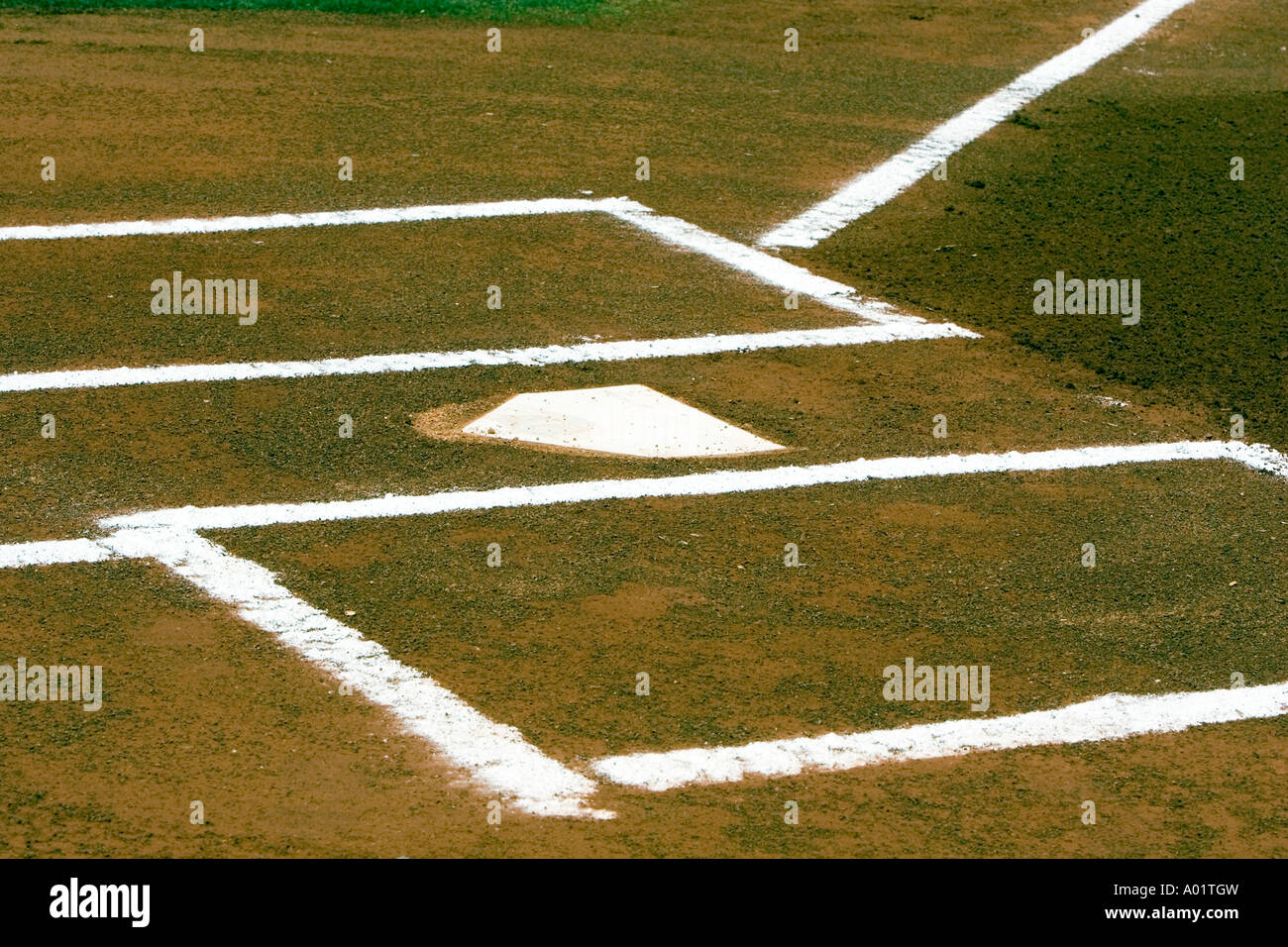 Home plate and batters box at a baseball game Stock Photo