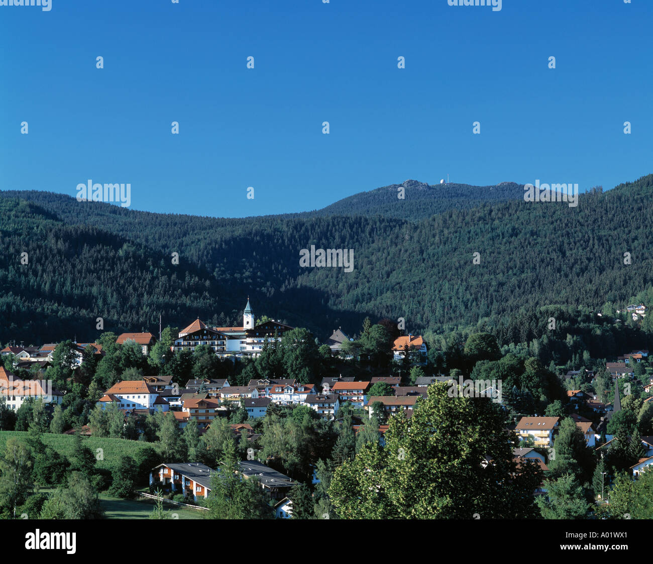 Panoramablick, bergige Landschaft, bewaldete Landschaft, Stadt Bodenmais und Grosser Arber, Bodenmais, Naturpark Bayerischer Wald, Niederbayern, Bayer Stock Photo