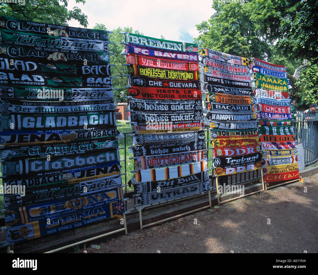 football, spectators, fans, fan shop, sales stand with scarfs Stock Photo