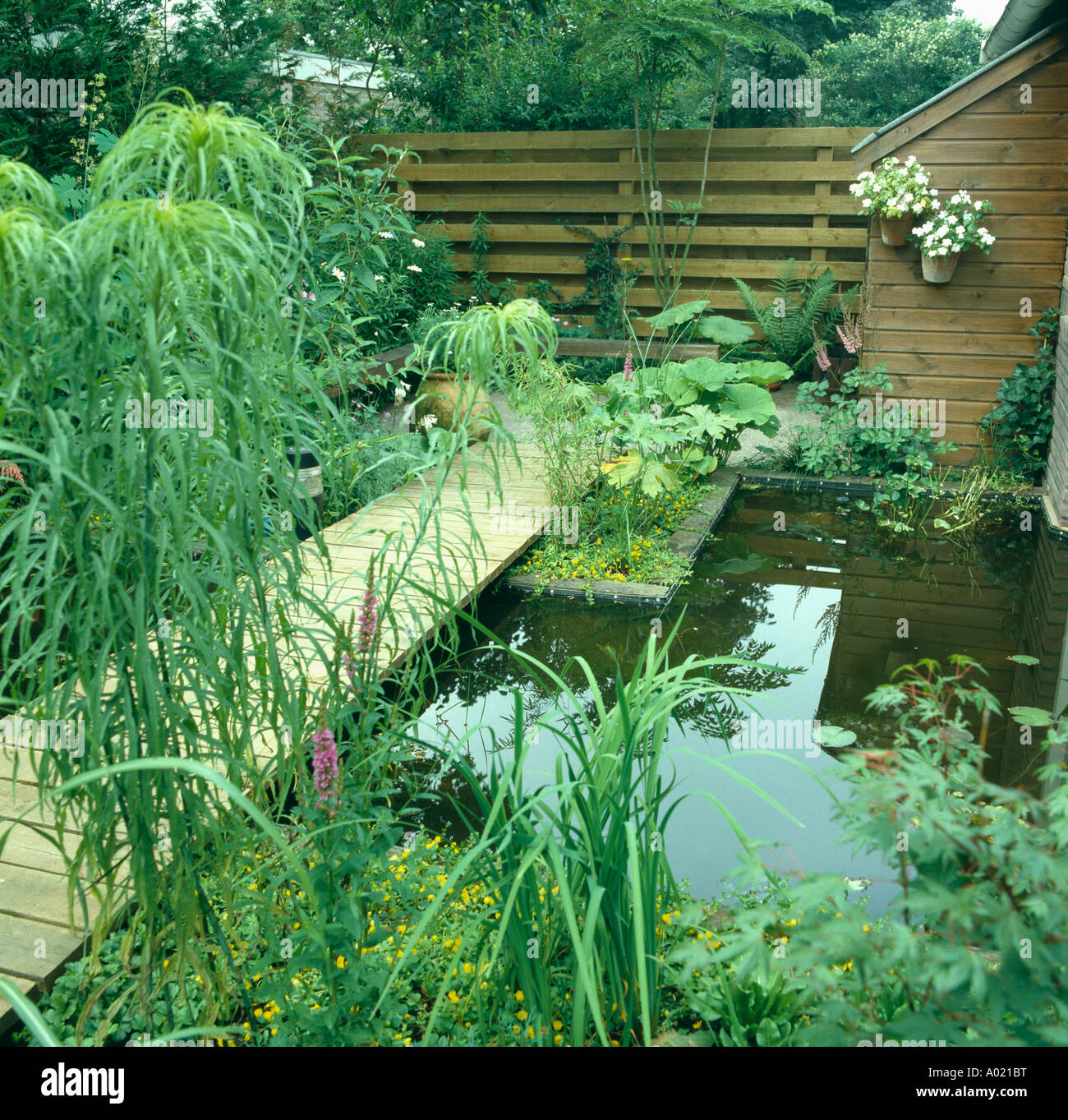 Decking path beside large rectangular pond in town garden Stock Photo