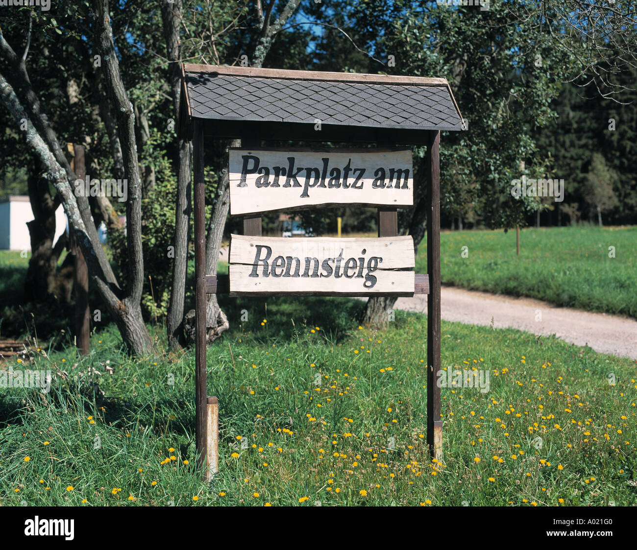 D-Steinheid, D-Steinheid-Limbach, Rennsteig, nature reserve Thuringian Forest, Western Schiefergebirge, Thuringia, sign car park Rennsteig, walking, free time, leisure time, nature, Stock Photo