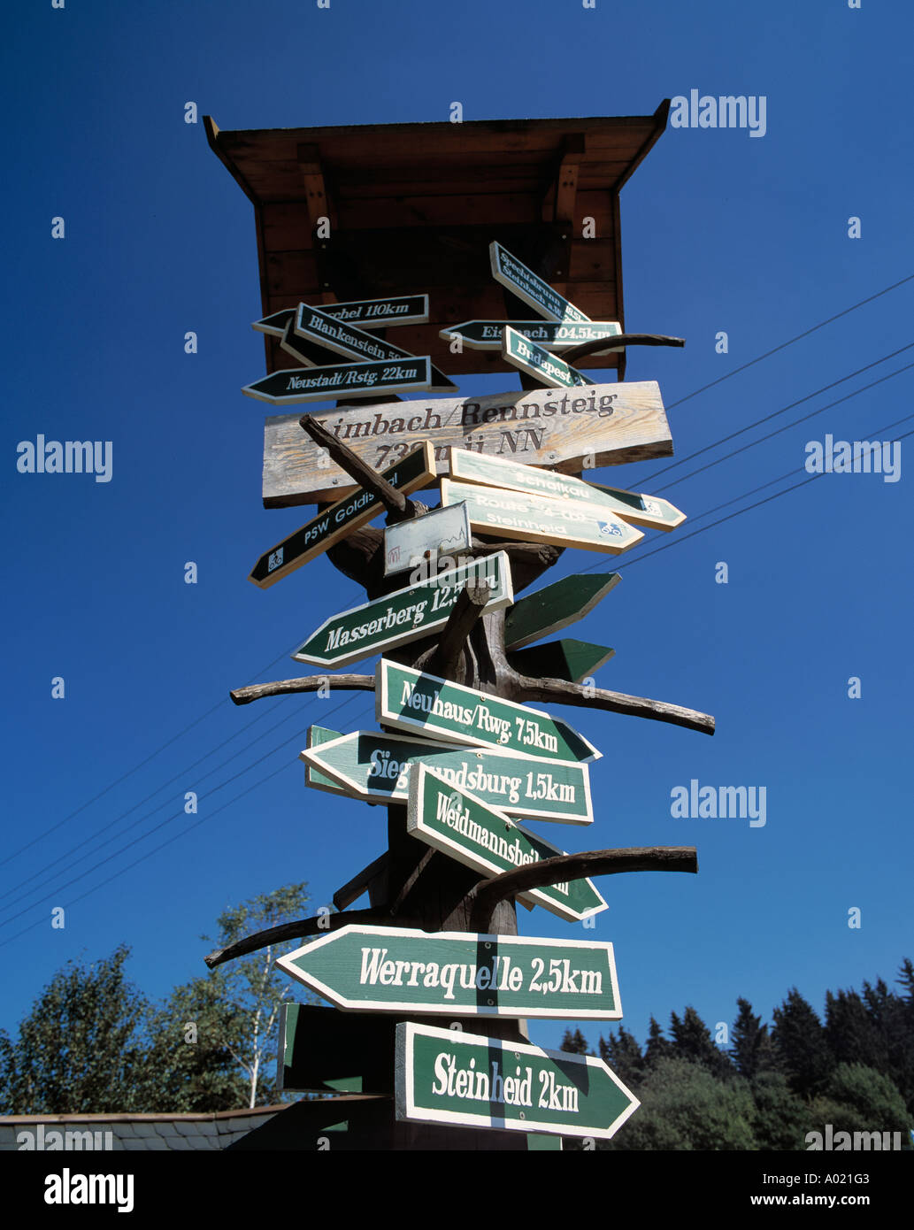 D-Steinheid, D-Steinheid-Limbach, Rennsteig, nature reserve Thuringian Forest, Western Schiefergebirge, Thuringia, signs, hiking trails, walking, free time, leisure time, nature, Stock Photo