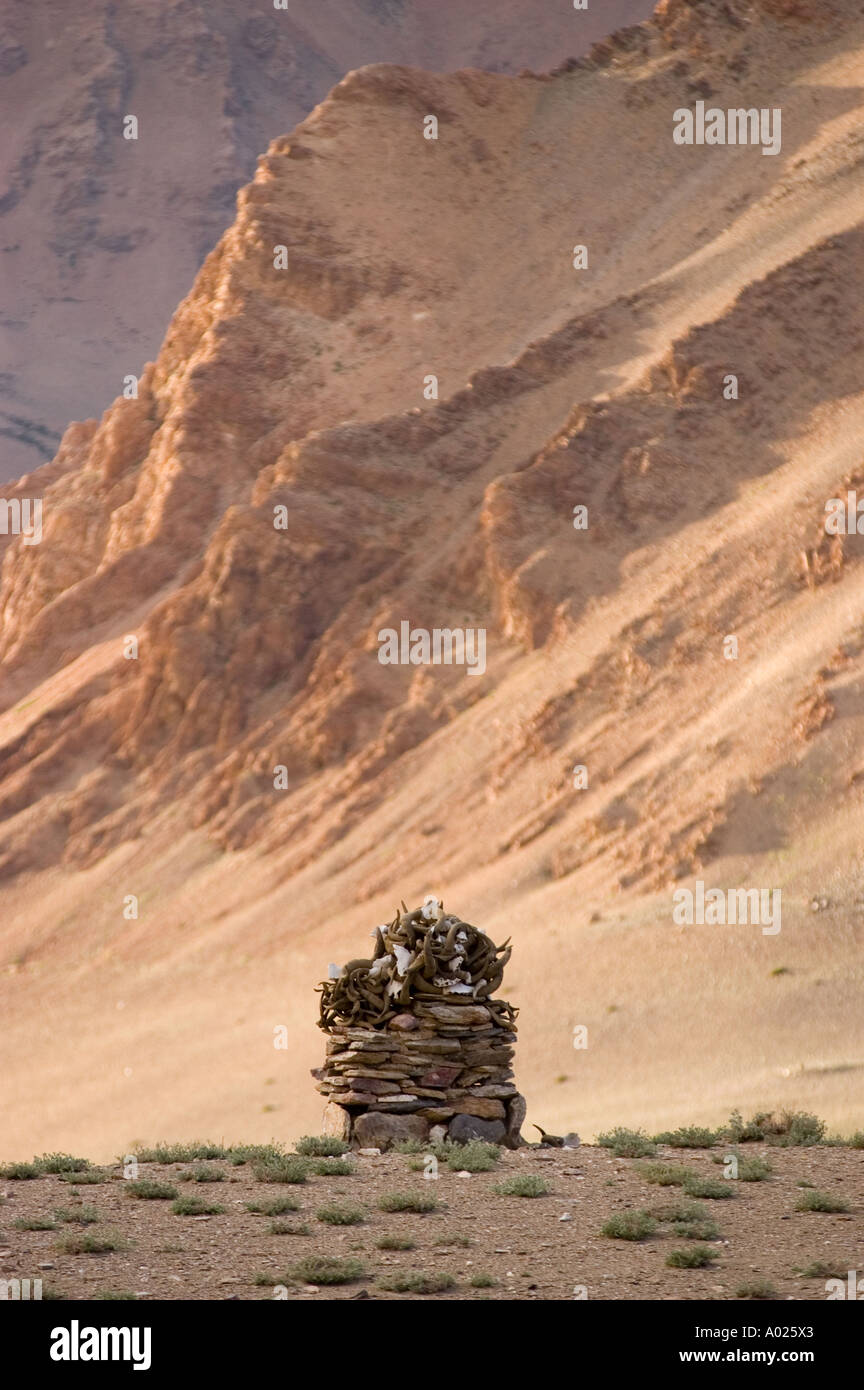 Small buddhist chorten or stupa constructed from Ibex horns near Tso Kar lake Rupshu valley Ladakh India Stock Photo