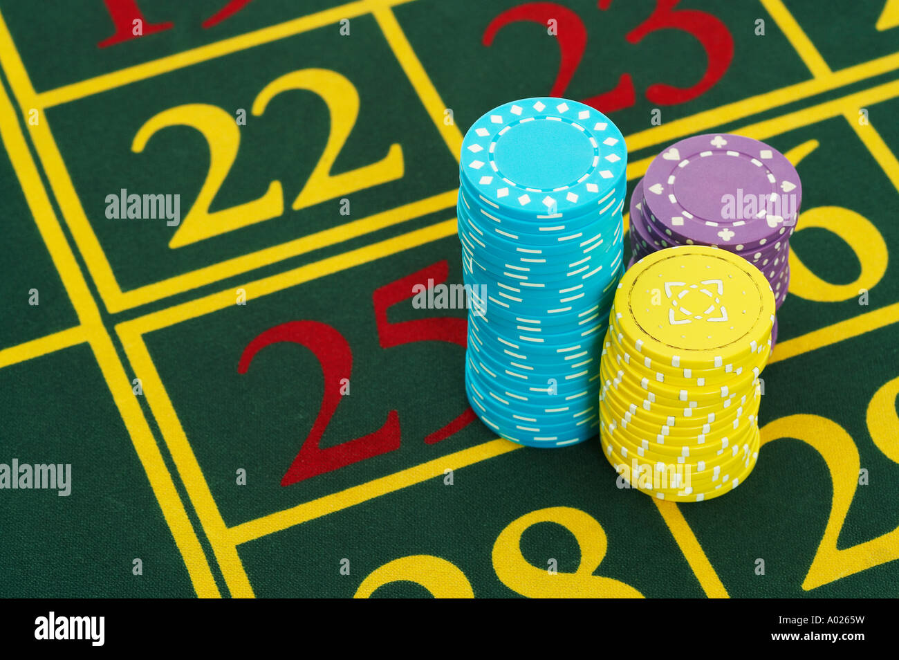 Gambling Chips on Roulette Table, close up Stock Photo