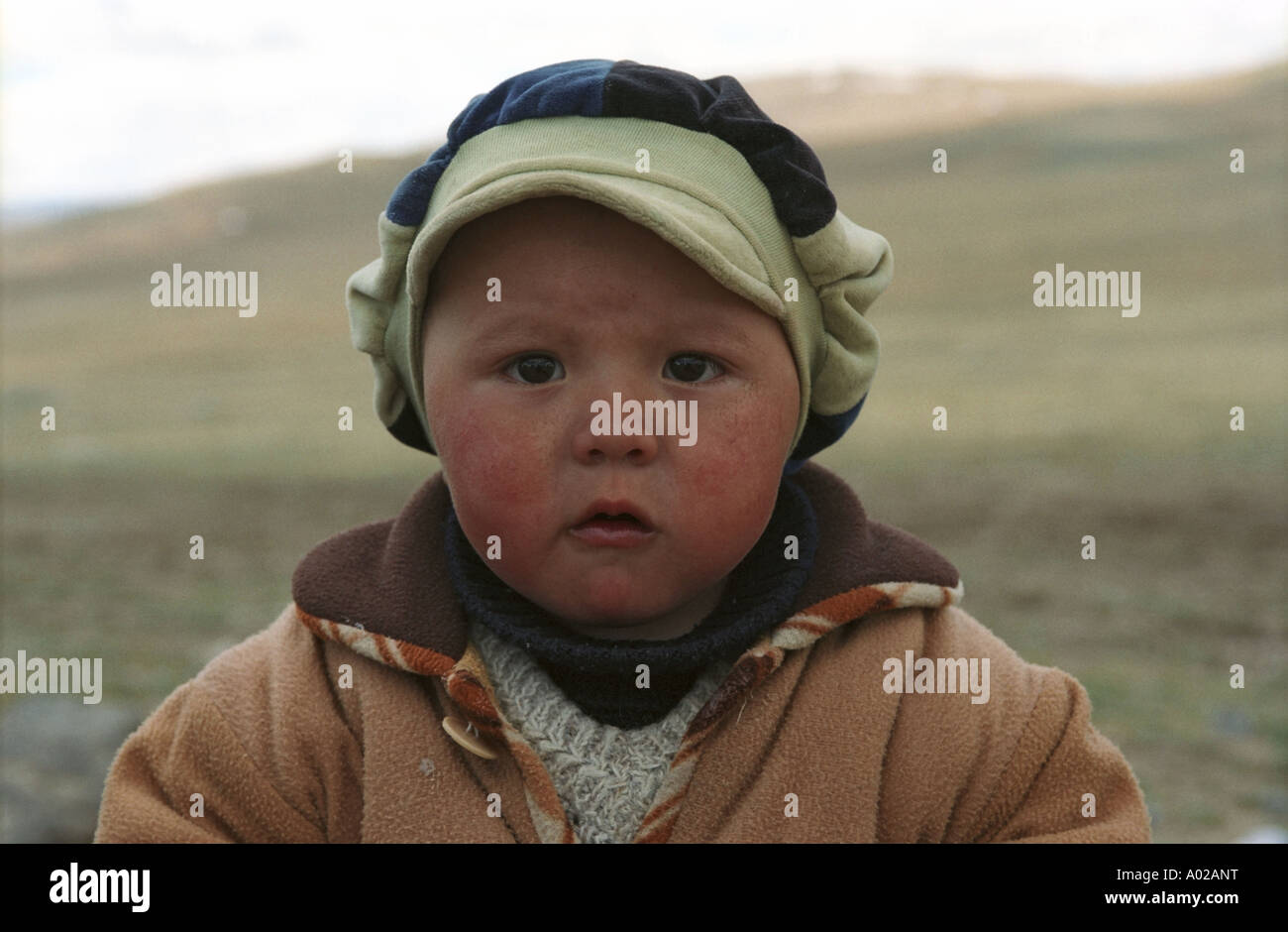 Portrait of a baby. The Durbet Daba Pass. Border between Russia and Mongolia Stock Photo