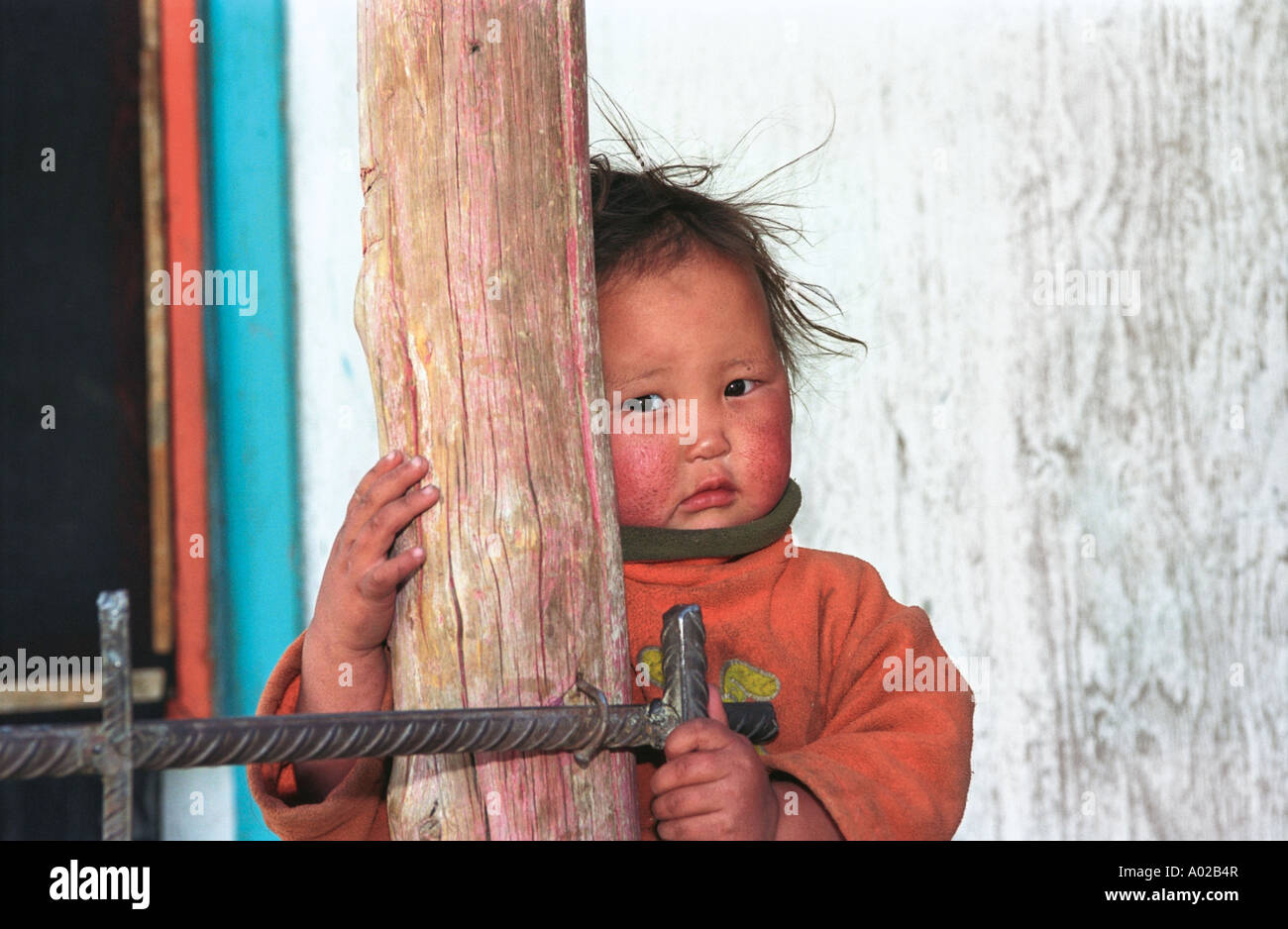 Portrait of a baby. Kid has red dust allergy cheeks. Khongo brigade, Barun Gol River, Khovd aimag (province). Mongolia Stock Photo