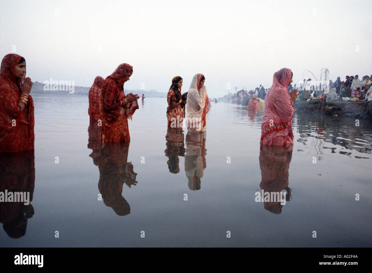 India Chhaat festival woman performing sunworship in the river Stock Photo