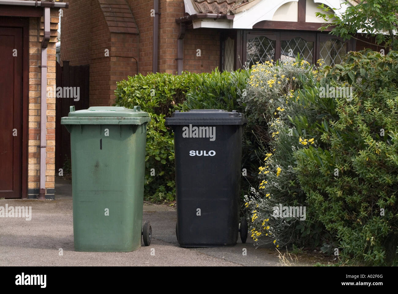 recycling wheelie bins placed outside a suburban house awaiting
