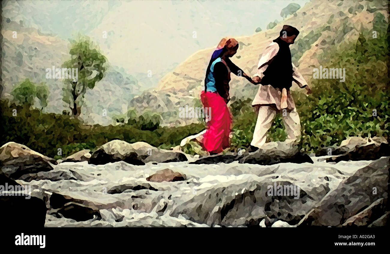 couple walking crossing a river INDIA MODEL RELEASED NUMBER 542 Stock Photo