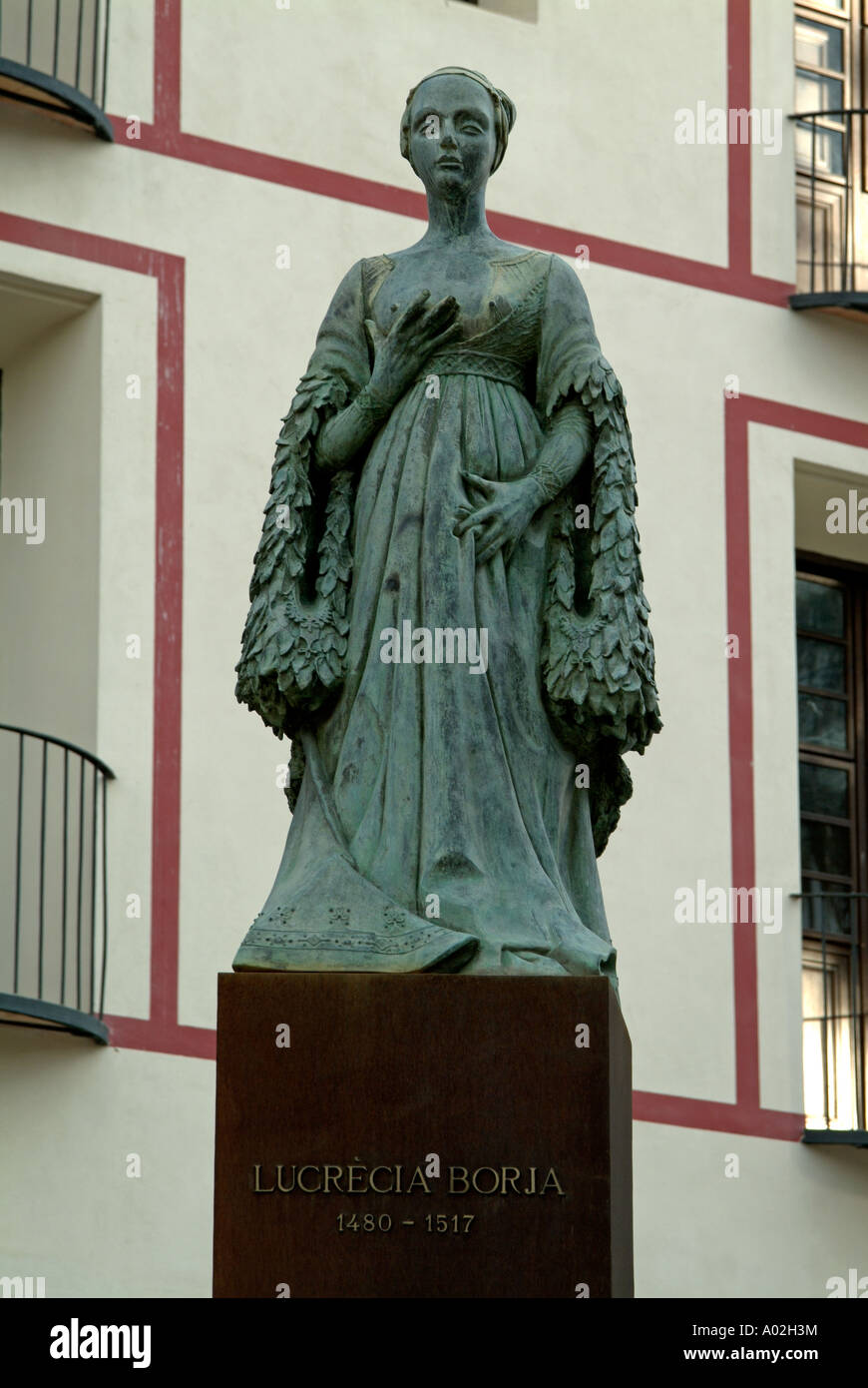 Sculpture of Lucrecia Borgia in front of Escuelas Pías (Old University). Gandia. La Safor District. Valencian Community. Spain Stock Photo