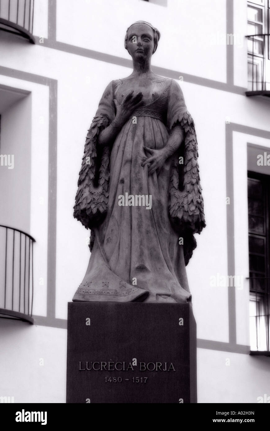 Sculpture of Lucrecia Borgia in front of Escuelas Pías (Old University). Gandia. La Safor District. Valencian Community. Spain Stock Photo